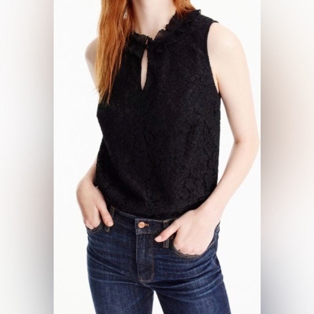J.Crew Lace Ruffle-neck Sleeveless Top Black H2203